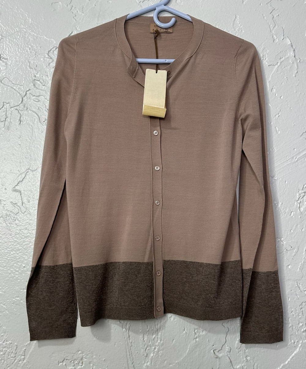 Falconeri Women Extra Fine Merino Wool Brown Cardigan Colorblock Hem Size M NWT